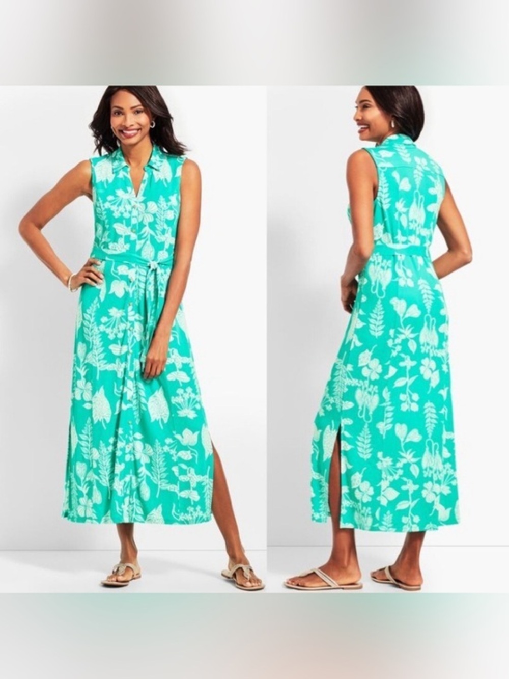 NWT Talbots Teal Green White Floral Print Slinky Maxi Dress Size Large